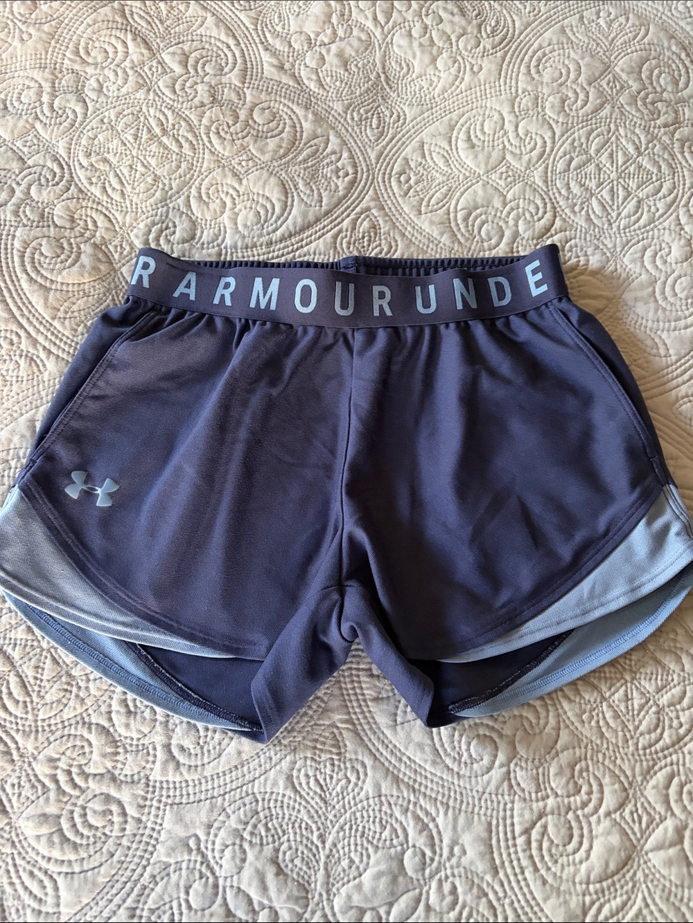 Under Armour Women's Dark Navy Athletic Shorts with Light Blue Trim, XS